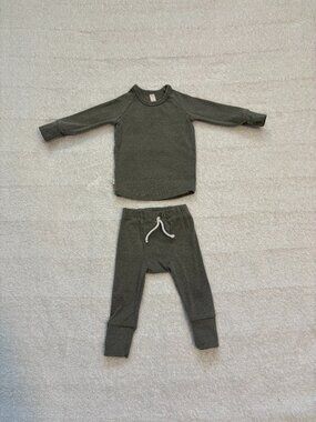 Childhoods dark sage green gusset pants and matching long sleeve tee